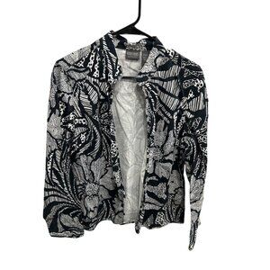 Chicos Additions Black White Floral Print Jacket Long Sleeve Size Medium